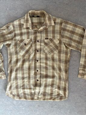 Vintage Lee Men's Cream and Brown Plaid Button-Down Shirt